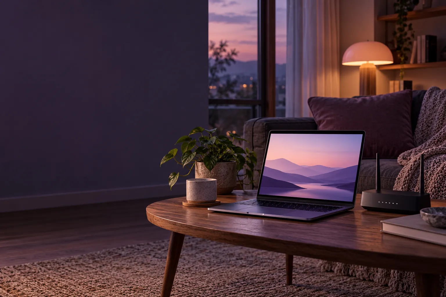 Illustrative home setup with a laptop and router, combined with streaming service names